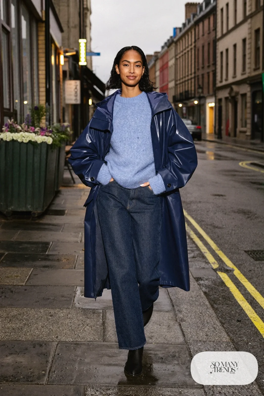 Woman in a navy long hooded raincoat, baby blue knit sweater, dark jeans and black waterproof boots on a rainy Scottish street, outfit 21