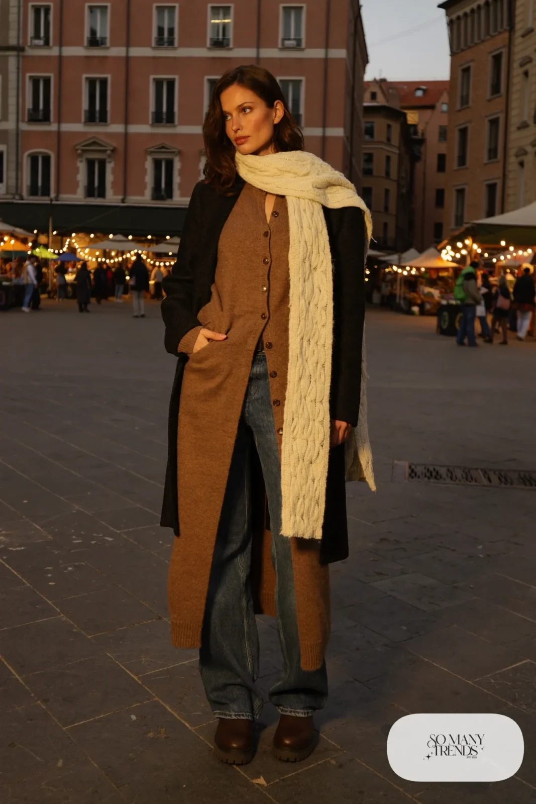 Mocha longline knit cardigan, cream scarf, straight jeans, black wool coat and chunky boots, Prague winter outfit 16