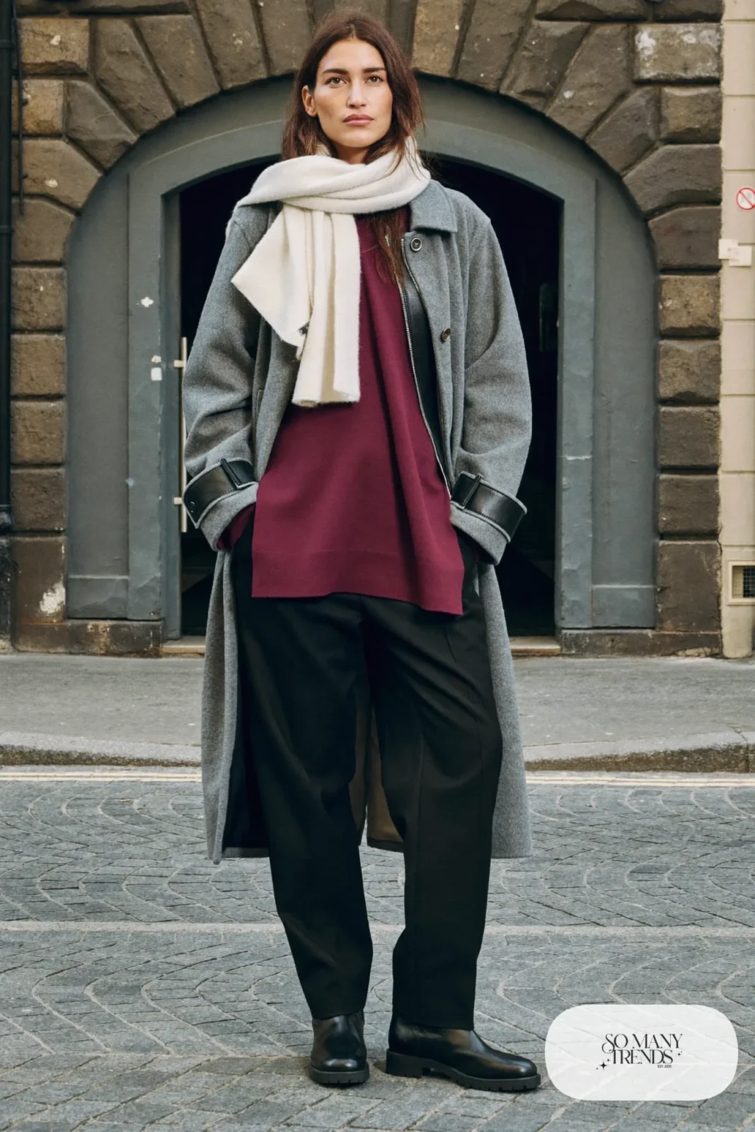 Long gray wool coat, burgundy turtleneck, black pants, cream scarf and sturdy black boots, Prague winter outfit 19