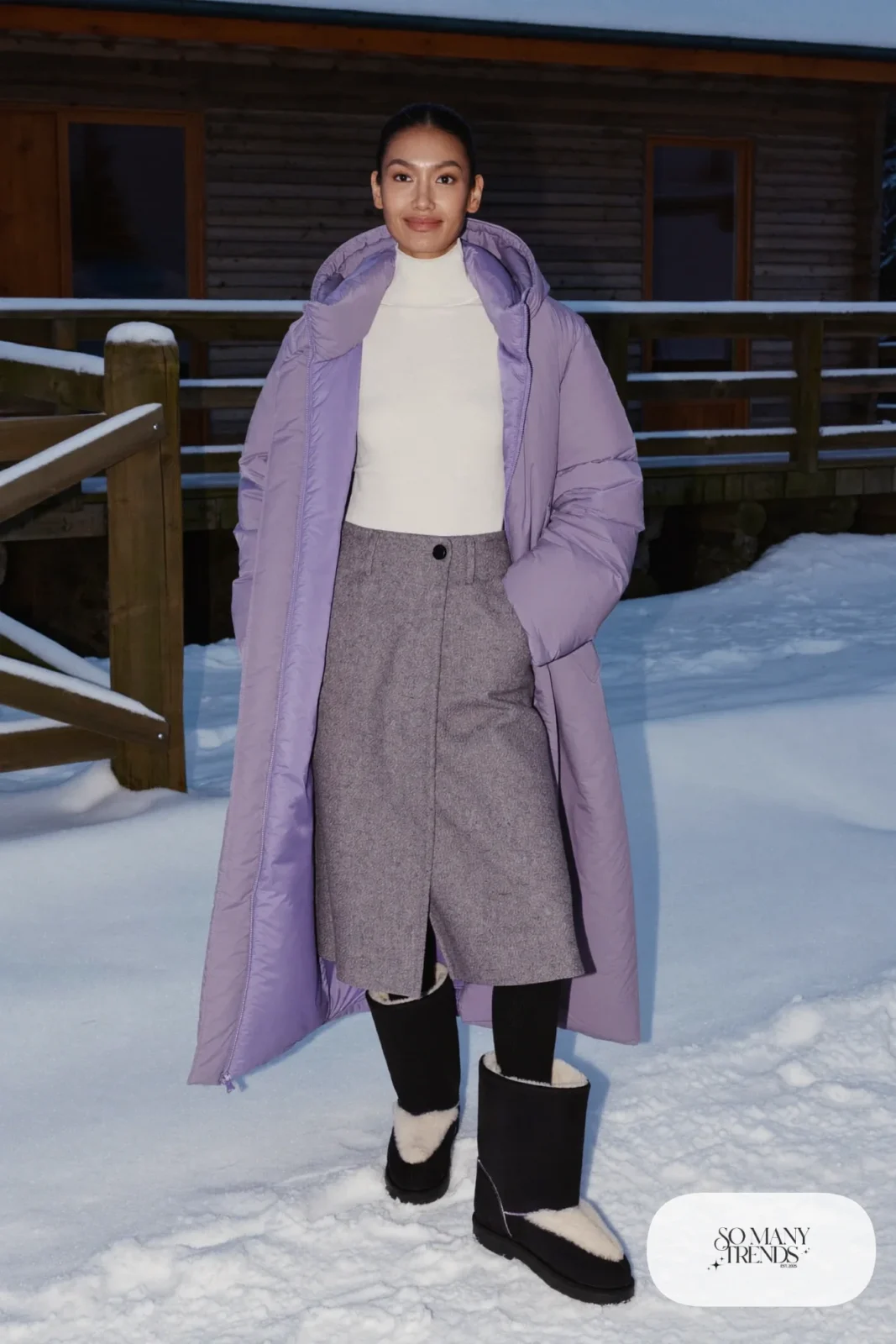 Long gray wool skirt with thermal tights, tall boots and oversized lilac parka, outfit 5