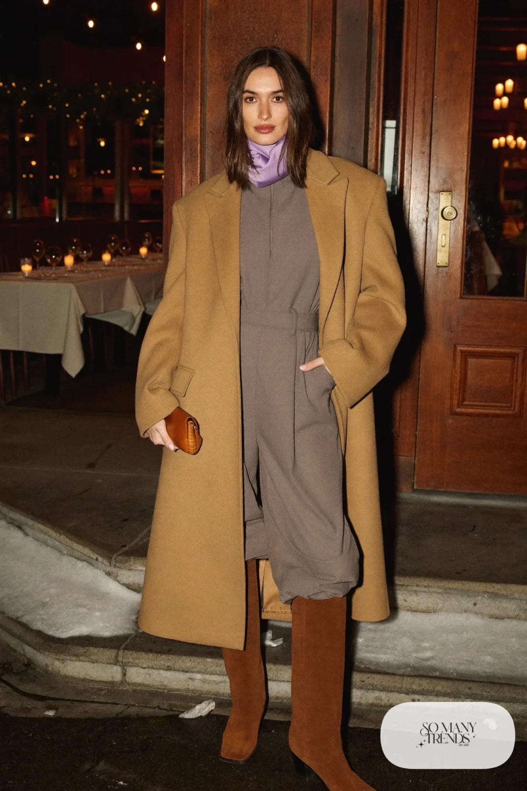 Dove gray wool jumpsuit with long coat, tall boots and small bag for dinner in town, outfit 24