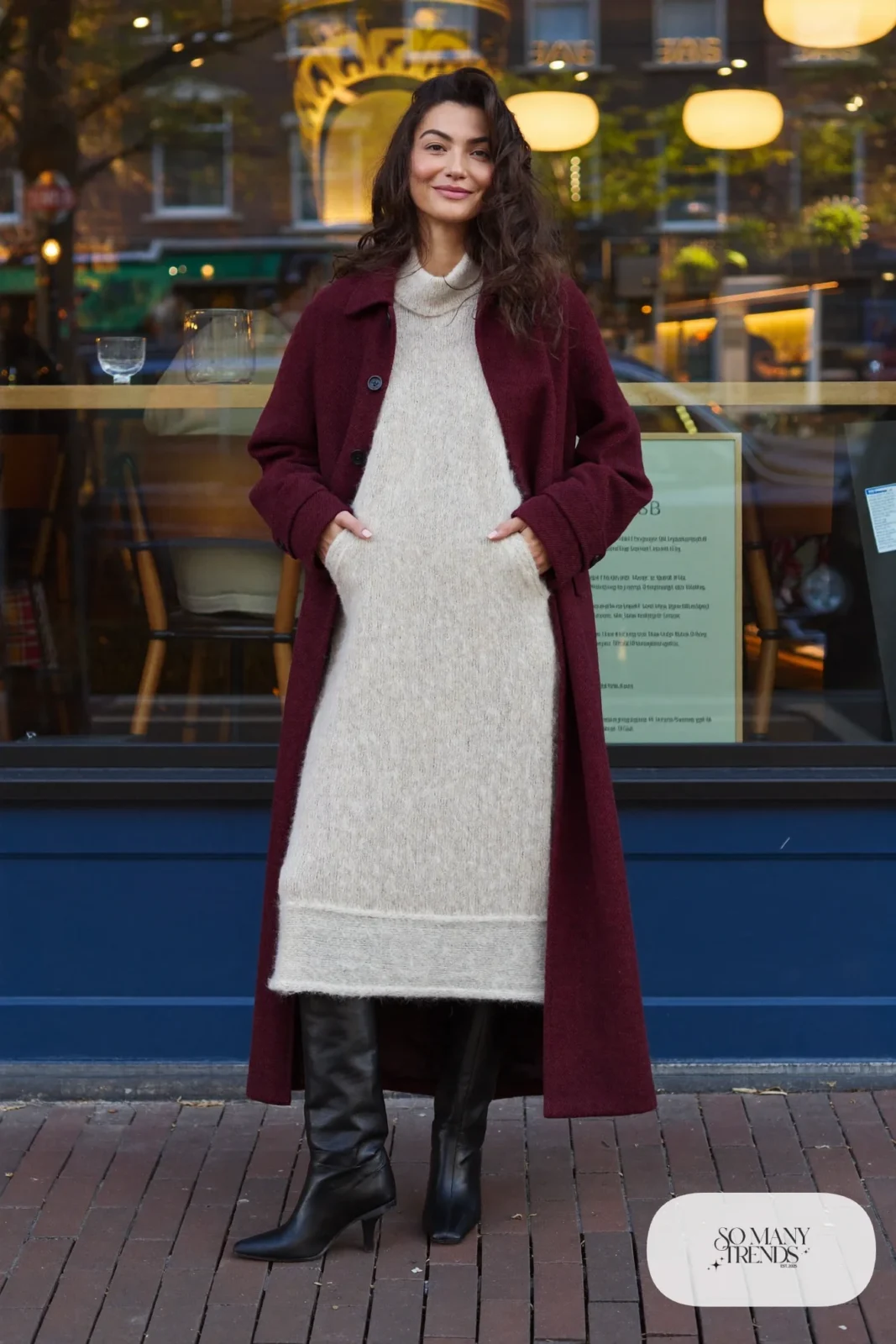 Woman in a long cream ribbed knit dress, oxblood coat, black tights and tall black boots outside a cafe, outfit 19
