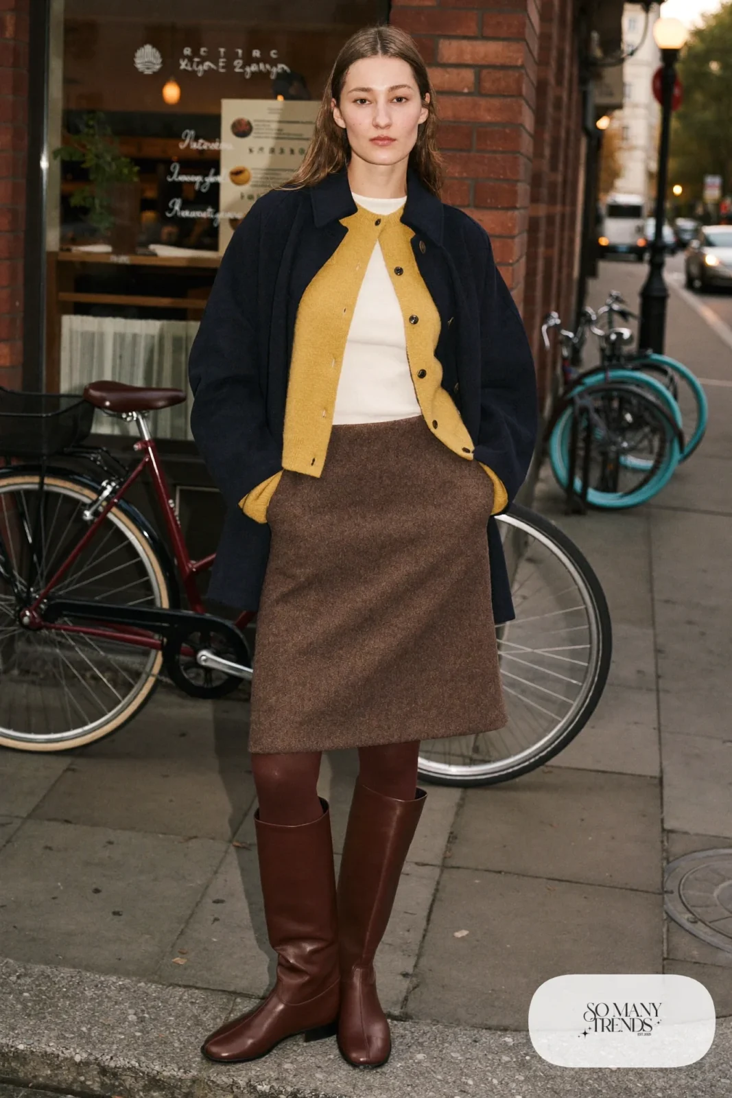 Woman in a mustard cardigan, ivory tee, brown wool midi skirt, brown tights and flat boots with a navy coat outside a cafe, outfit 22