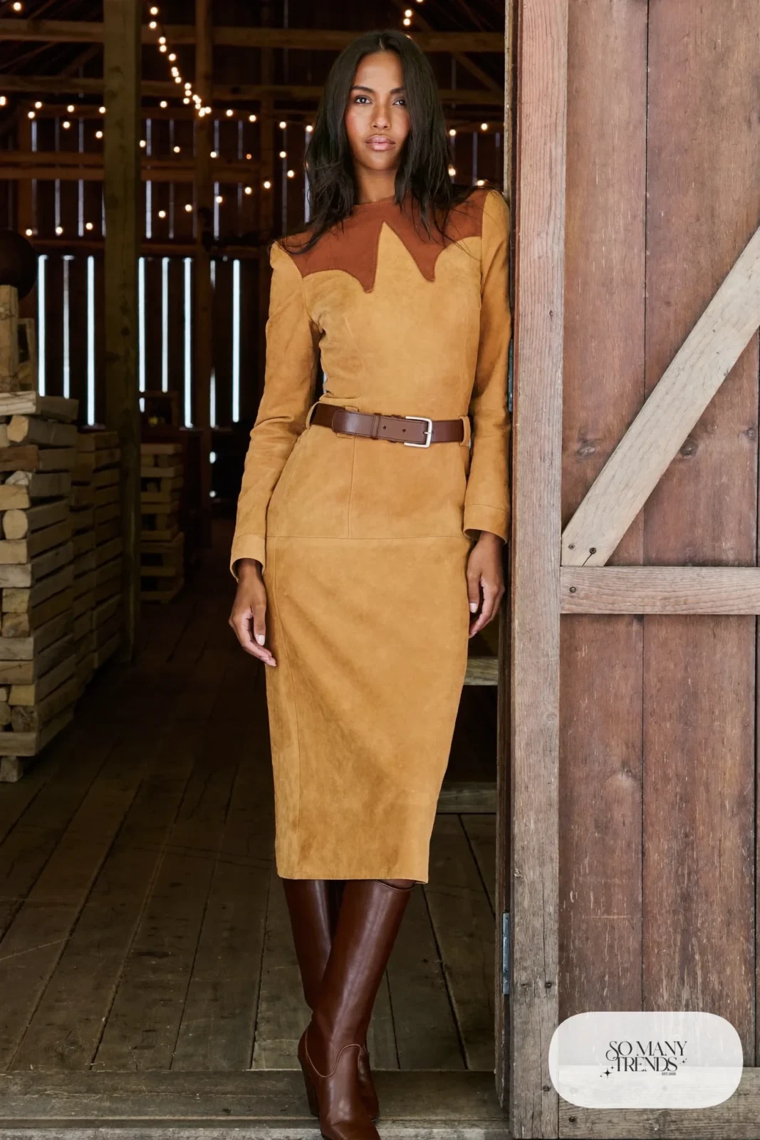 Camel suede western yoke midi dress with tall brown boots and wide belt, outfit 7