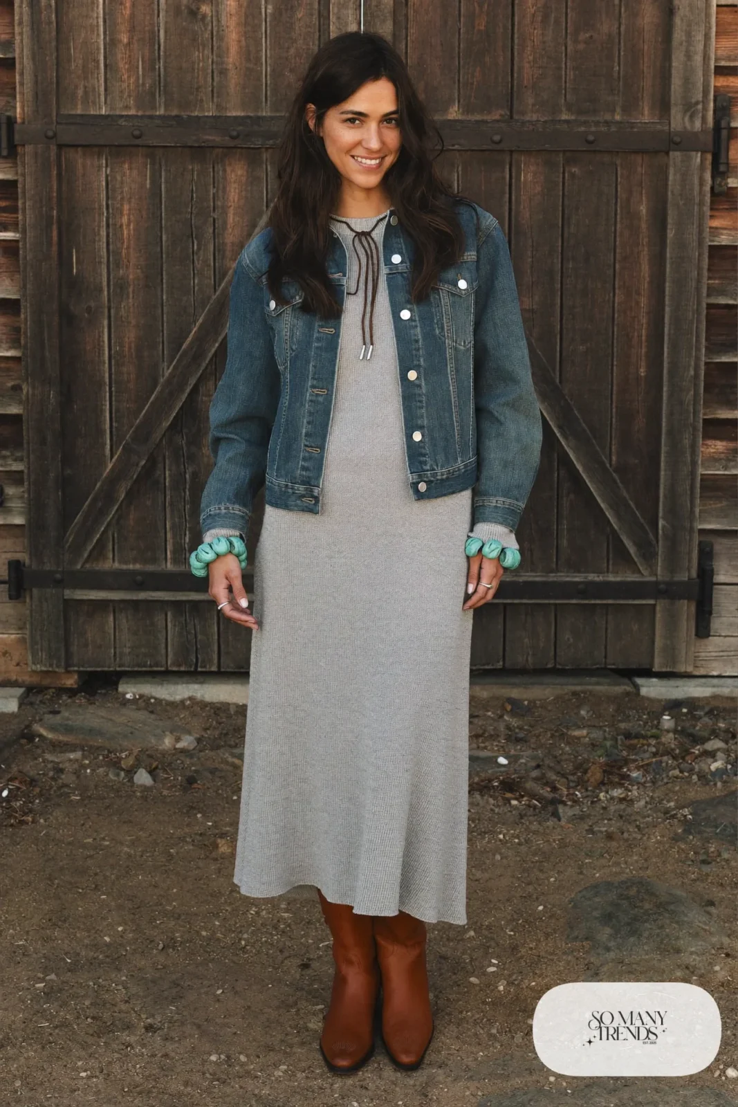 Gray ribbed knit midi dress with denim jacket, cognac boots and turquoise jewelry, outfit 9