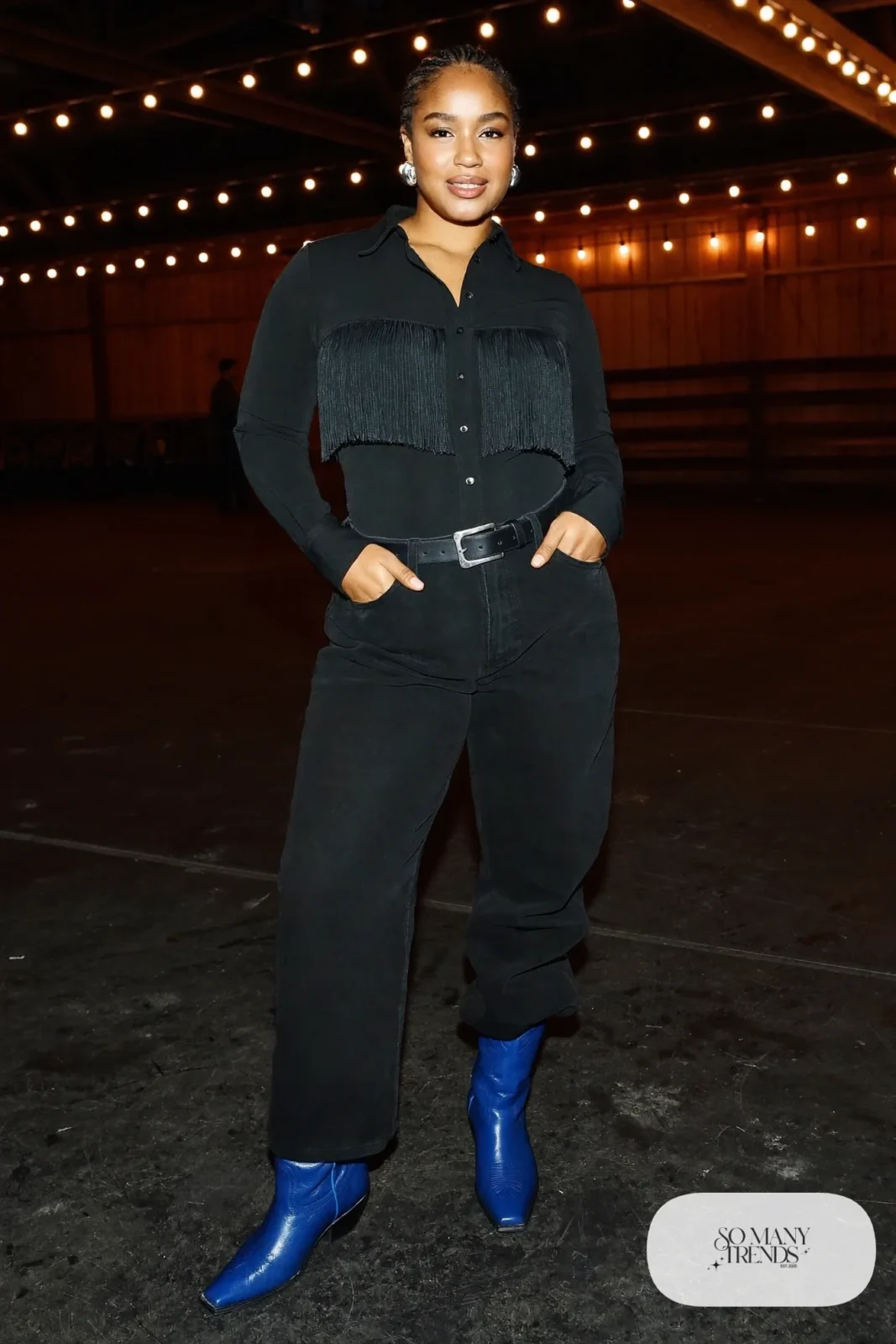 Black jeans with black fringe top and cobalt blue cowboy boots, outfit 17