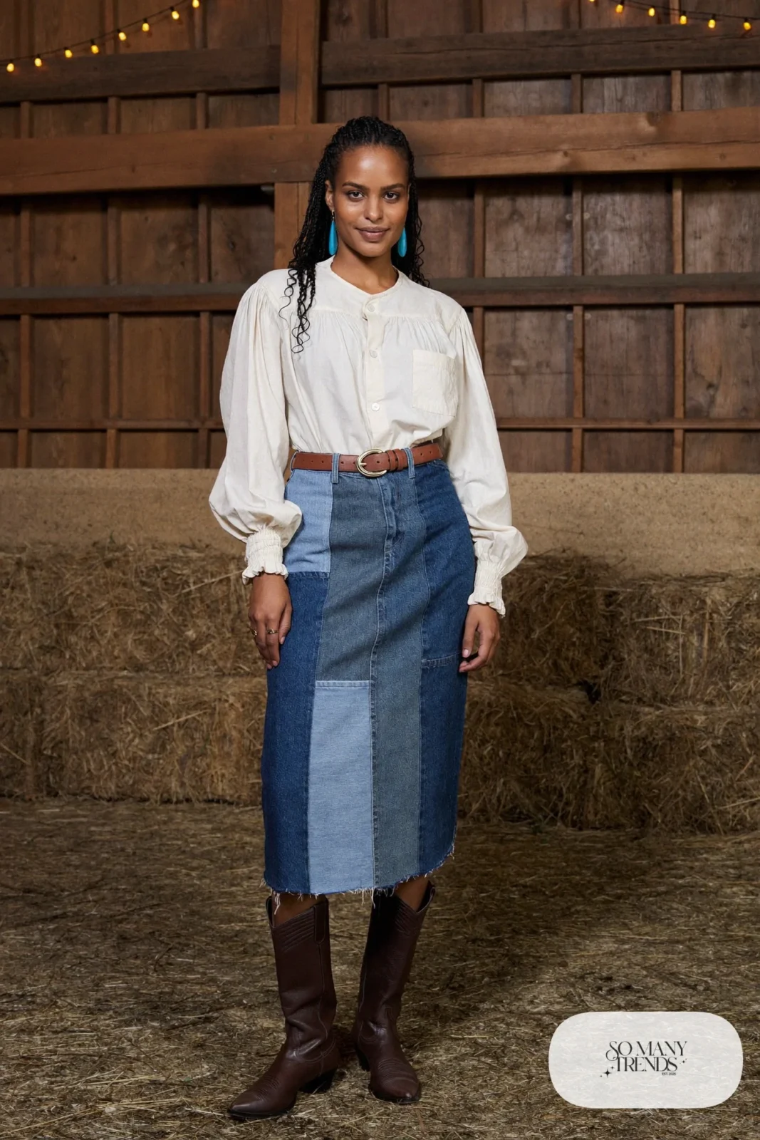 Patchwork denim midi skirt with cream blouse and chocolate brown boots, outfit 18