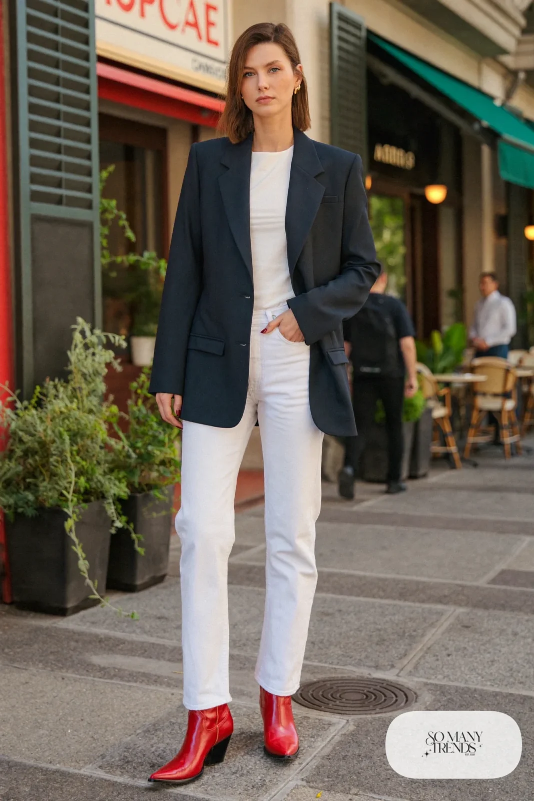 Woman in navy blazer, white tee, white jeans and red cowboy boots, outfit 20