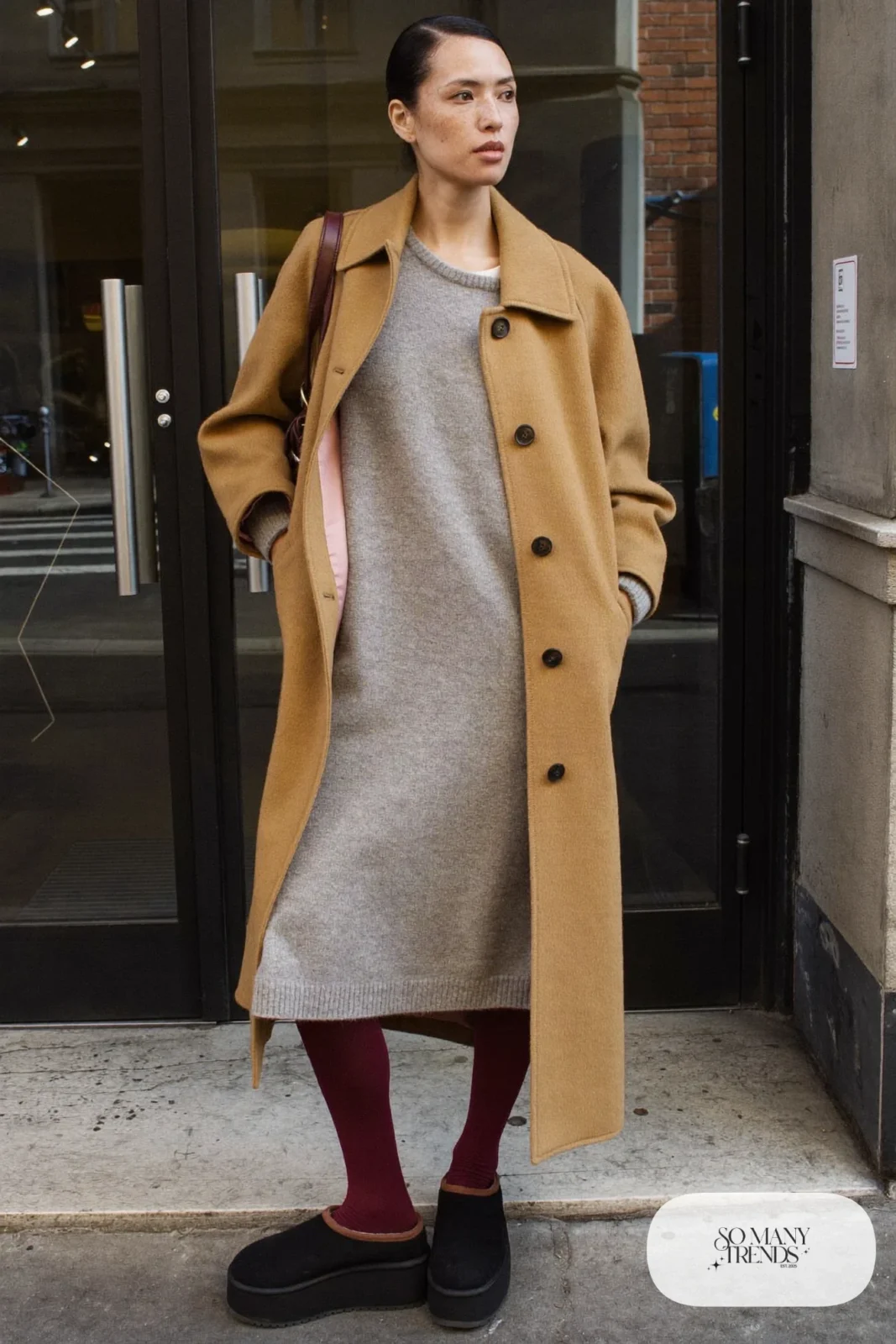 Gray wool knit midi dress, wine opaque tights, black Ugg clogs and wine bag, outfit 21