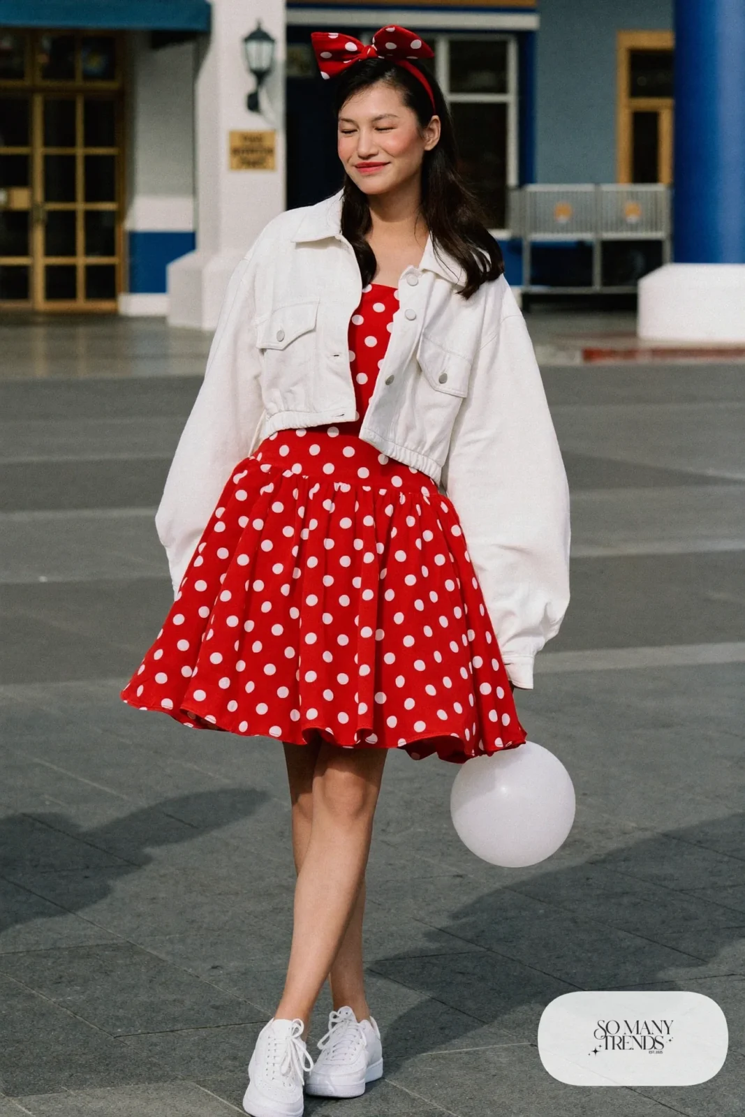 Red polka dot swing dress, white denim jacket, red bow headband and sneakers, outfit 4