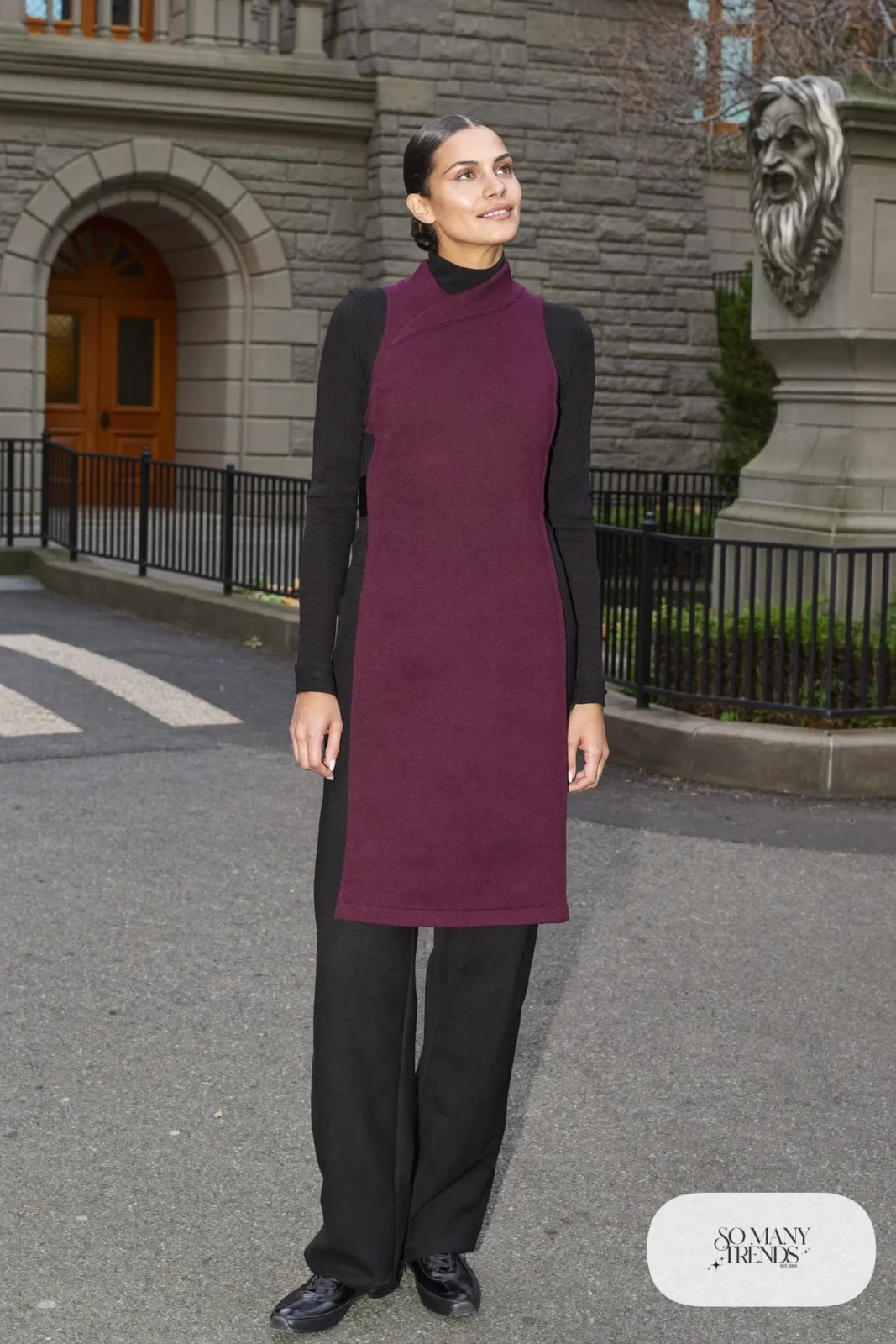 Plum longline vest, black straight pants, black top and black sneakers, outfit 8