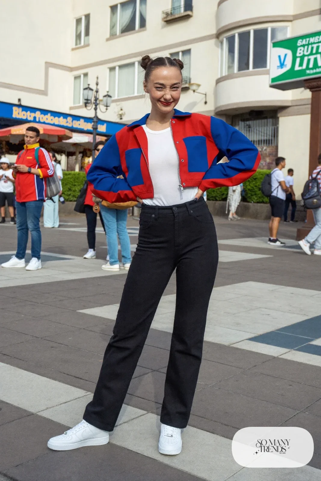 Red and blue color block jacket, white tee, black leggings and sneakers, outfit 11