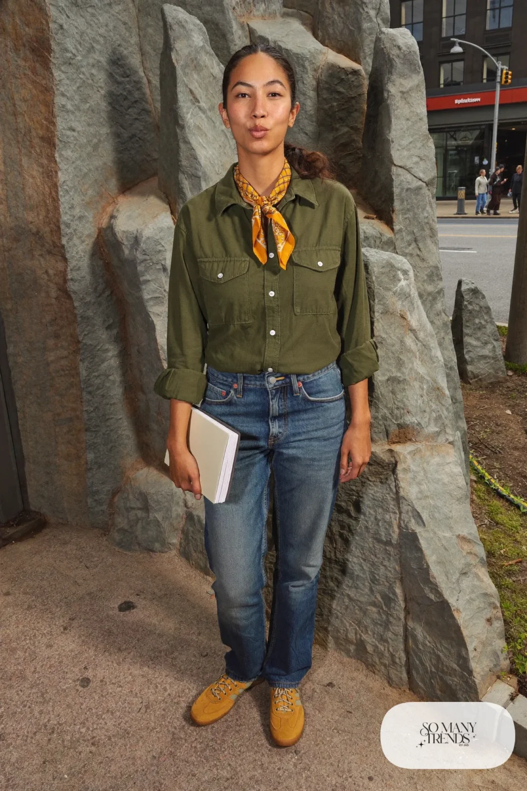 Olive field shirt, straight jeans, bandana and hiking sneakers, outfit 15