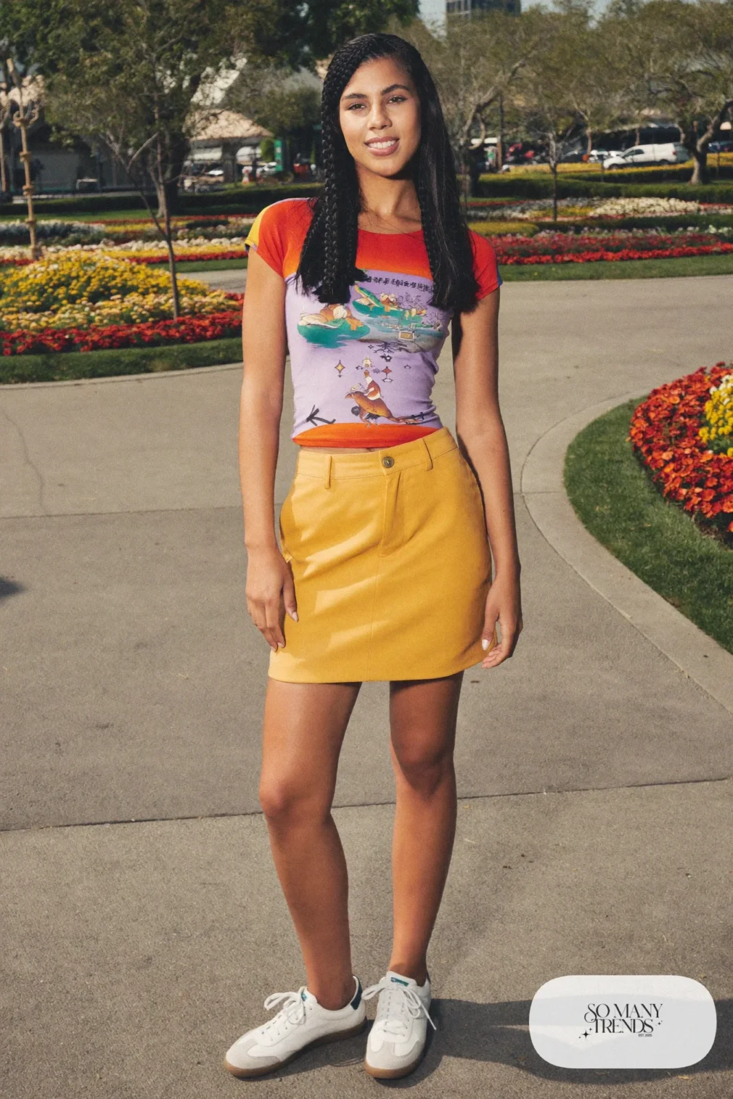 Lavender top, mustard skirt and sneakers, outfit 24