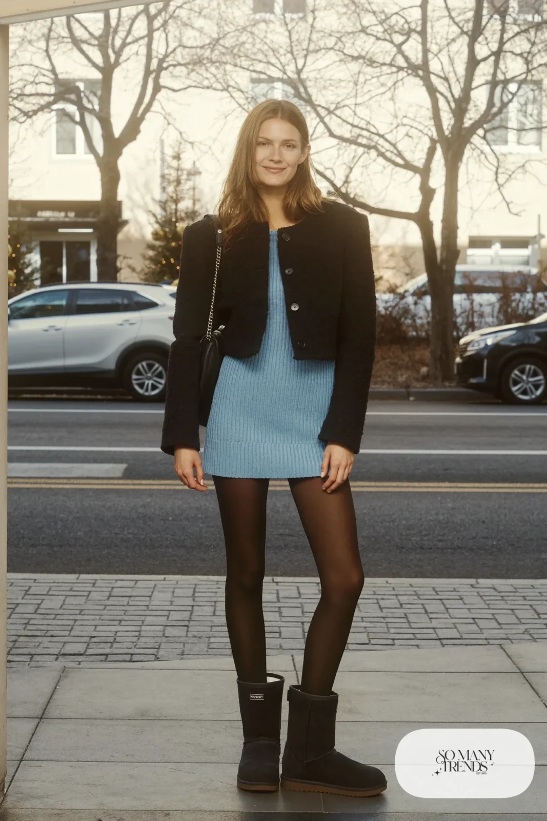 Woman in sky blue knit mini dress, black cropped jacket, black opaque tights and black Ugg mini boots, outfit 14