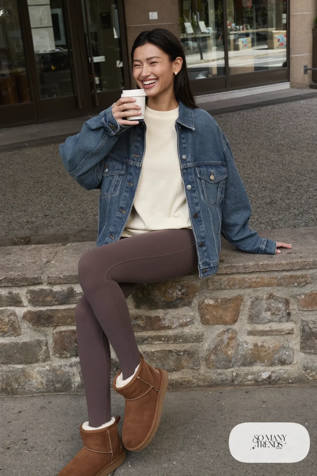 Woman in mocha leggings, cream tee, sky blue denim jacket and chestnut Ugg mini boots, outfit 27