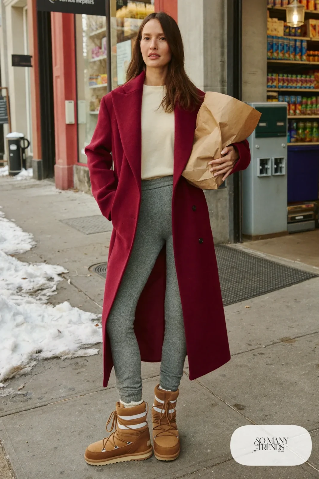 Woman in a long burgundy cardigan coat, gray knit joggers, white tee and tan Sorel boots, outfit 7