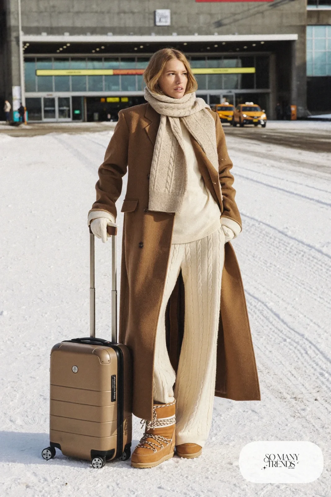 Woman in a camel coat, cream knit sweater, cream wide-leg pants, large scarf and tan Sorel boots, outfit 27