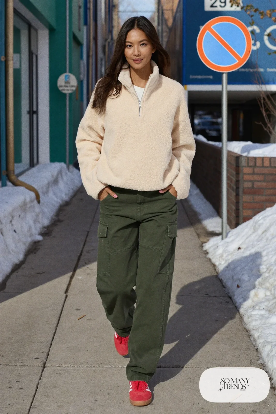 Woman in a cream fleece half-zip, olive cargo pants, black beanie and red Adidas Gazelle sneakers, outfit 27