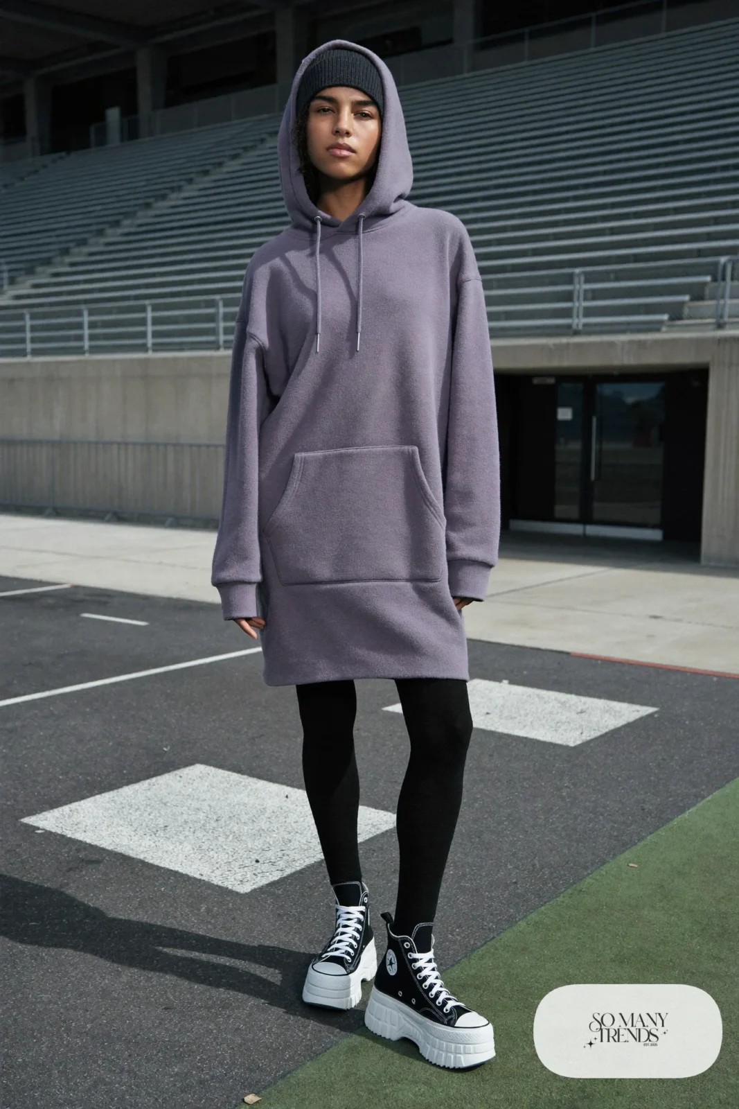 Woman in a lavender hoodie dress, black tights, black puffer vest-free styling and black Converse Run Star Hike platform sneakers - outfit 13