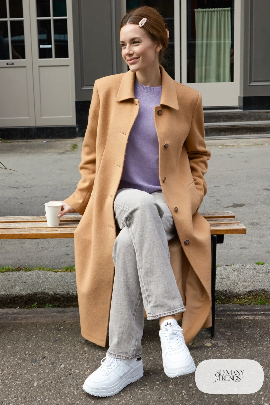 Woman in a camel cardigan coat, lavender knit top, gray straight jeans and white Converse Run Star Hike platform sneakers - outfit 18