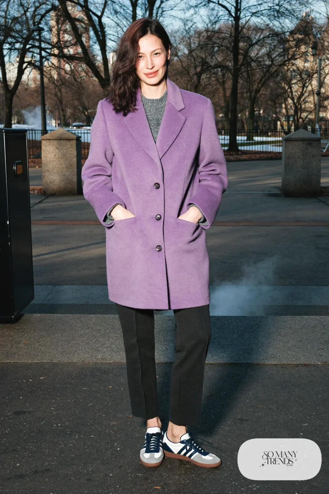 Lavender wool coat, charcoal tailored joggers, gray knit sweater and low retro sneakers, outfit 5