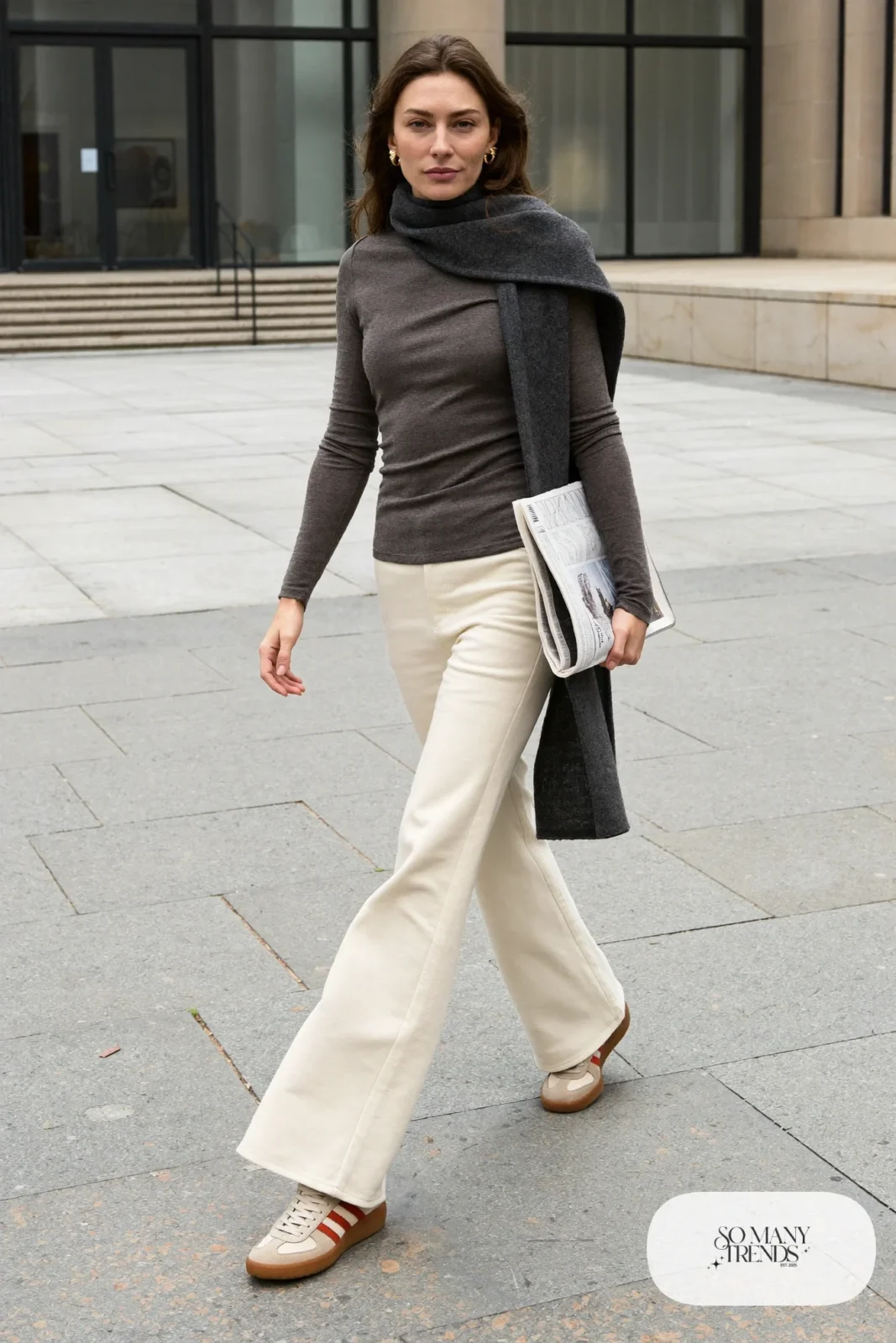 Cream flared wool pants, charcoal fitted turtleneck, long camel scarf and low retro sneakers, outfit 7