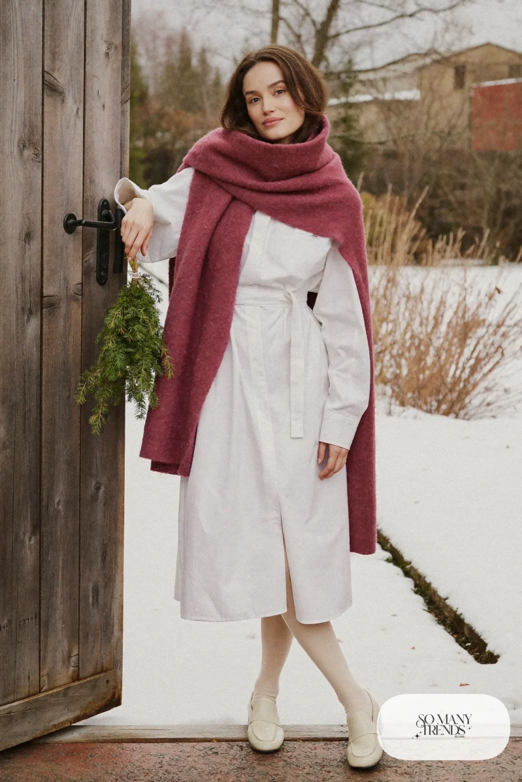 White cotton shirt dress with cranberry wool wrap, cream tights and white leather loafers, outfit 5