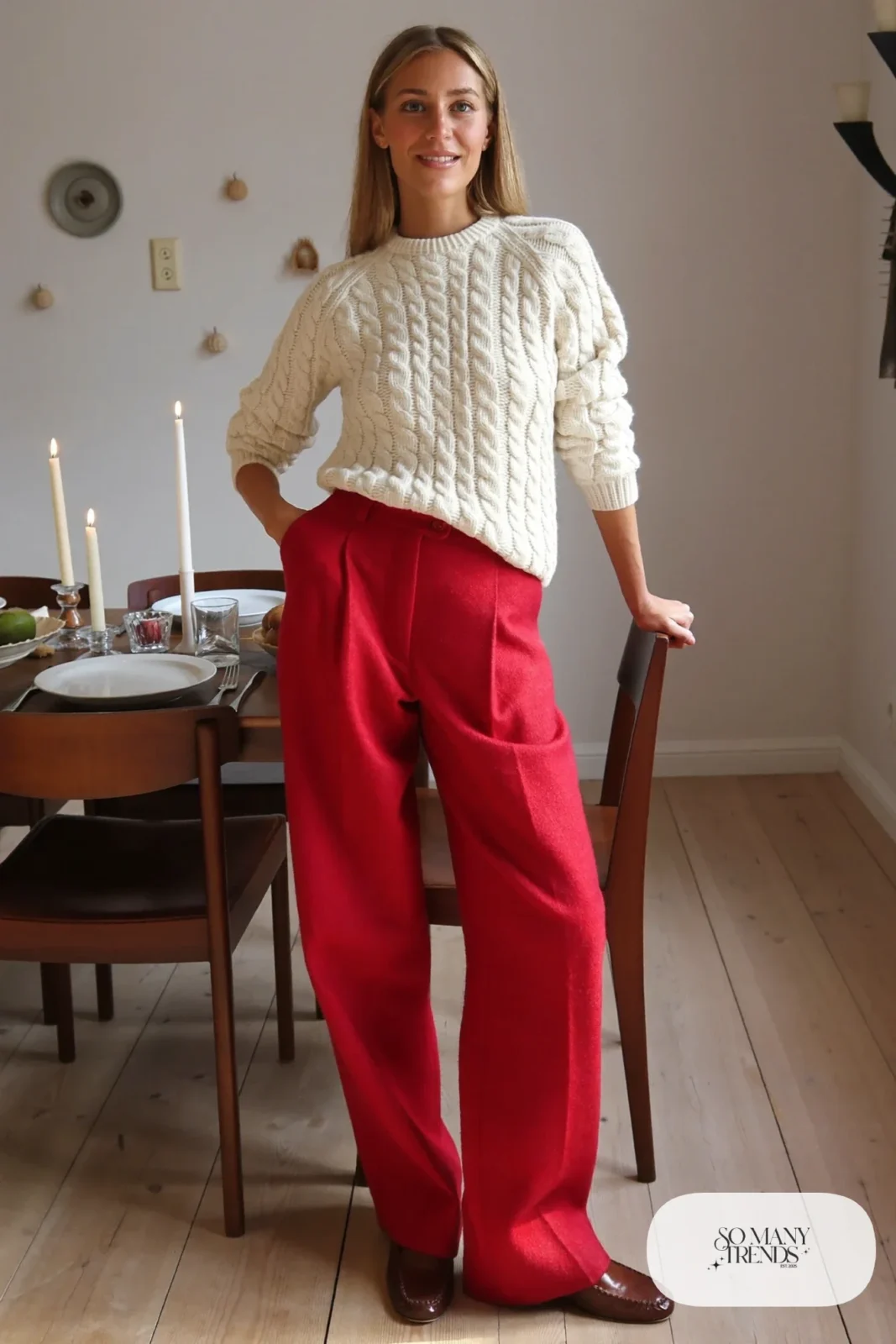 Cream cable-knit sweater with red wool wide-leg trousers and brown loafers, outfit 15