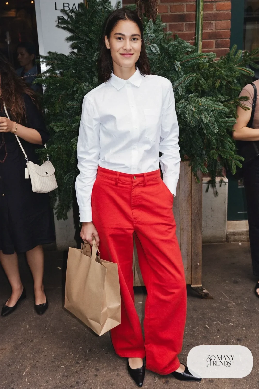White oxford shirt tucked into red barrel pants with black pointed flats, outfit 17