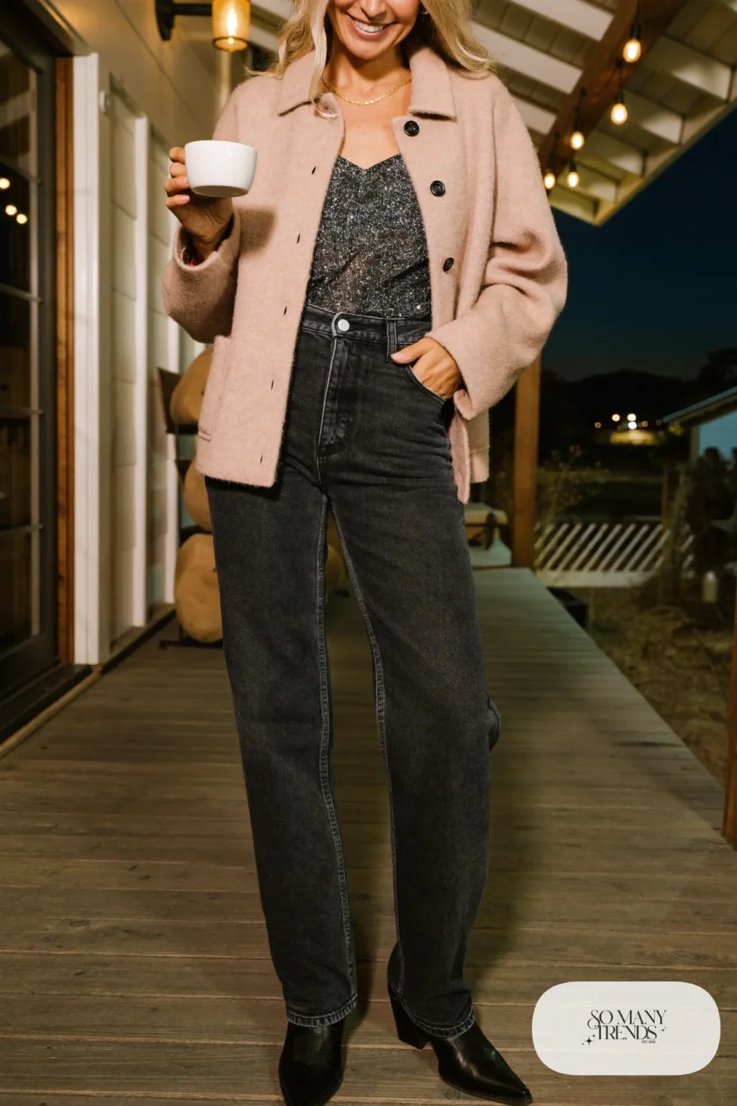 Blush wool-blend cardigan, black glitter camisole, dark jeans, black cowboy boots, look 12