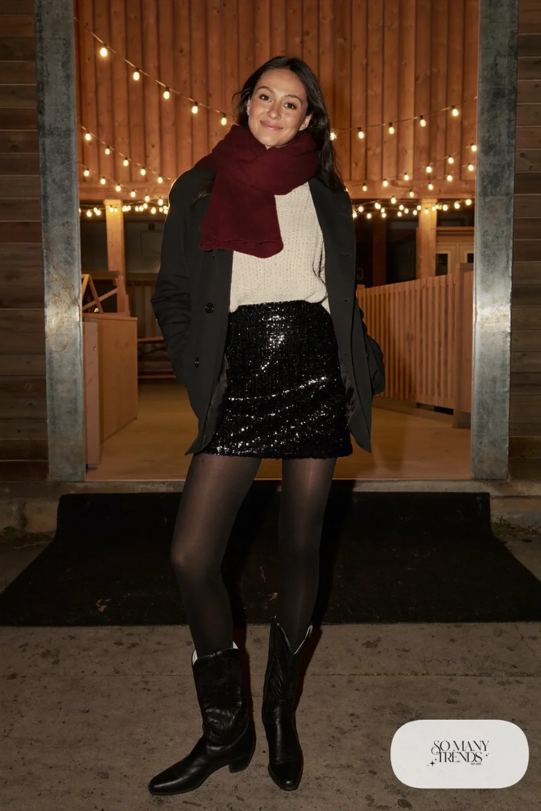Black sequin mini skirt, cream knit sweater, tights, black boots, look 17