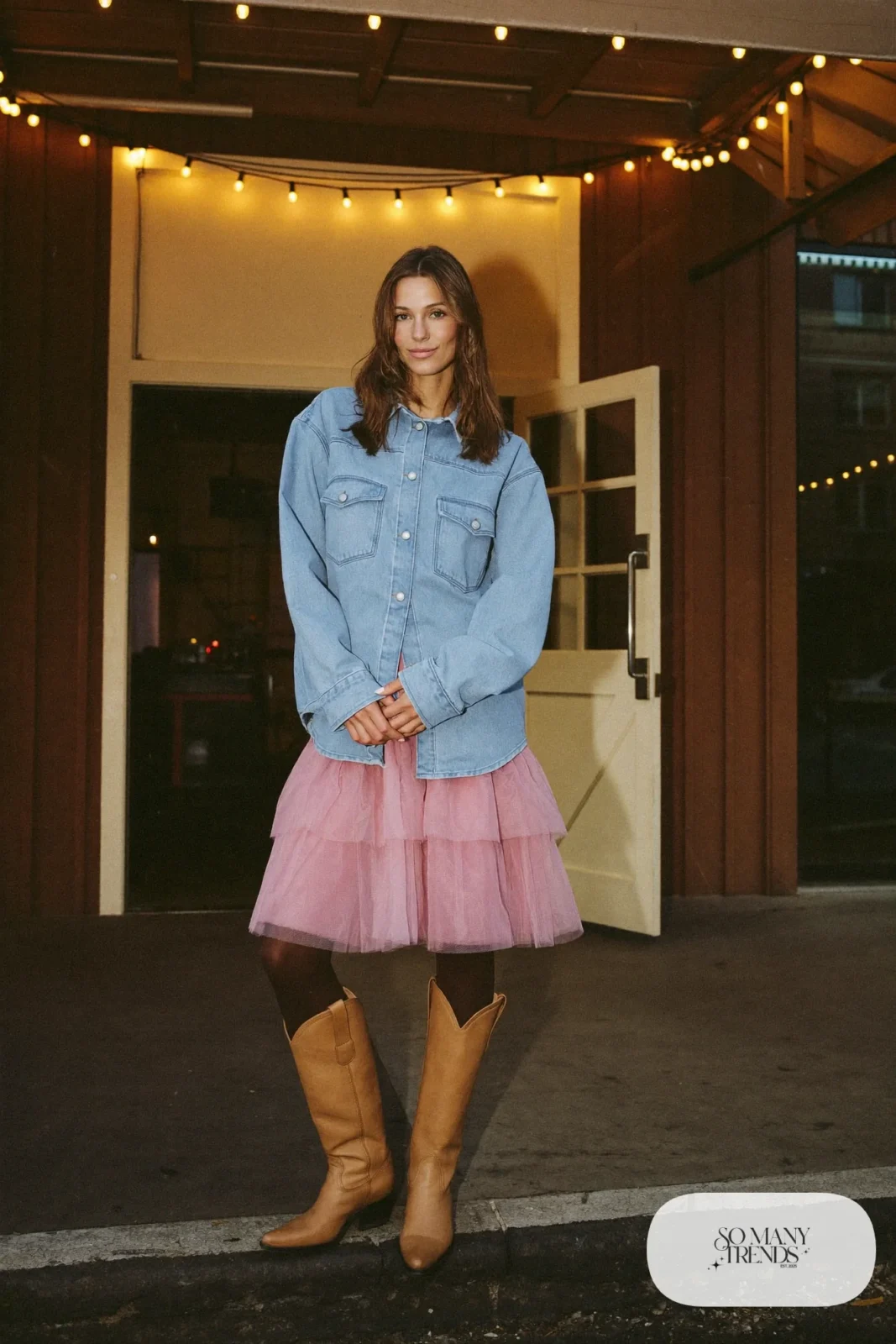 Blush tulle midi skirt, denim western shirt, tan cowboy boots, look 18