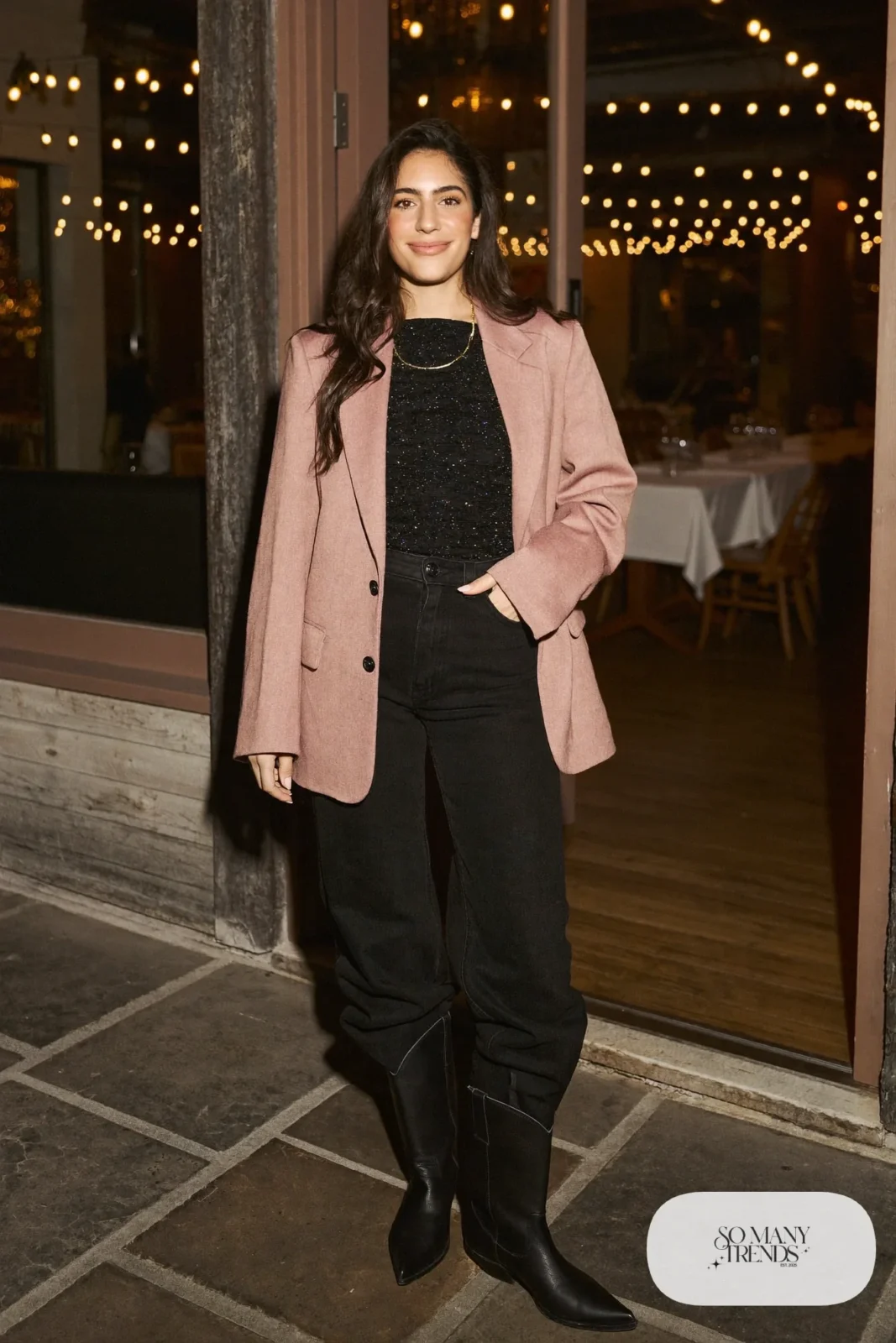 Blush wool blazer, black sparkle top, black jeans, black boots, look 22