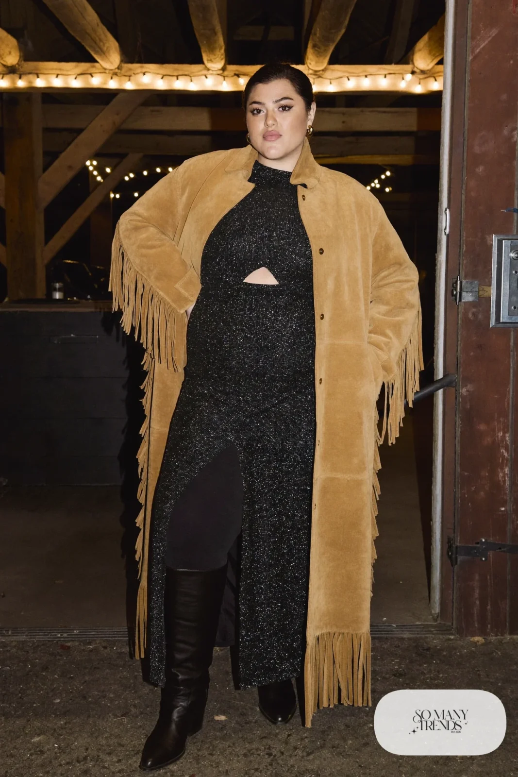 Long suede fringe coat, black sparkle midi dress, tall black boots, look 24