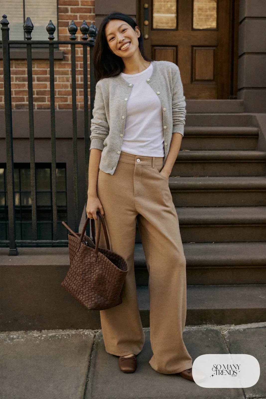 Heather gray button cardigan, white tee, camel straight pants and brown leather flats, outfit 2
