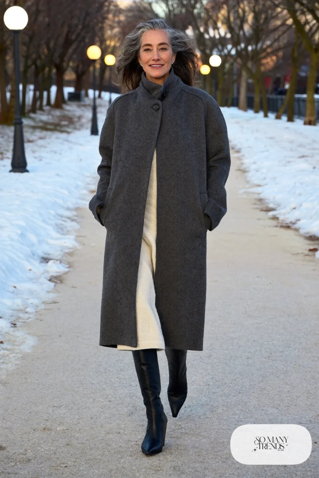 Woman over 50 in a charcoal wool coat, ivory knit midi dress and black tall boots, Christmas outfit 27