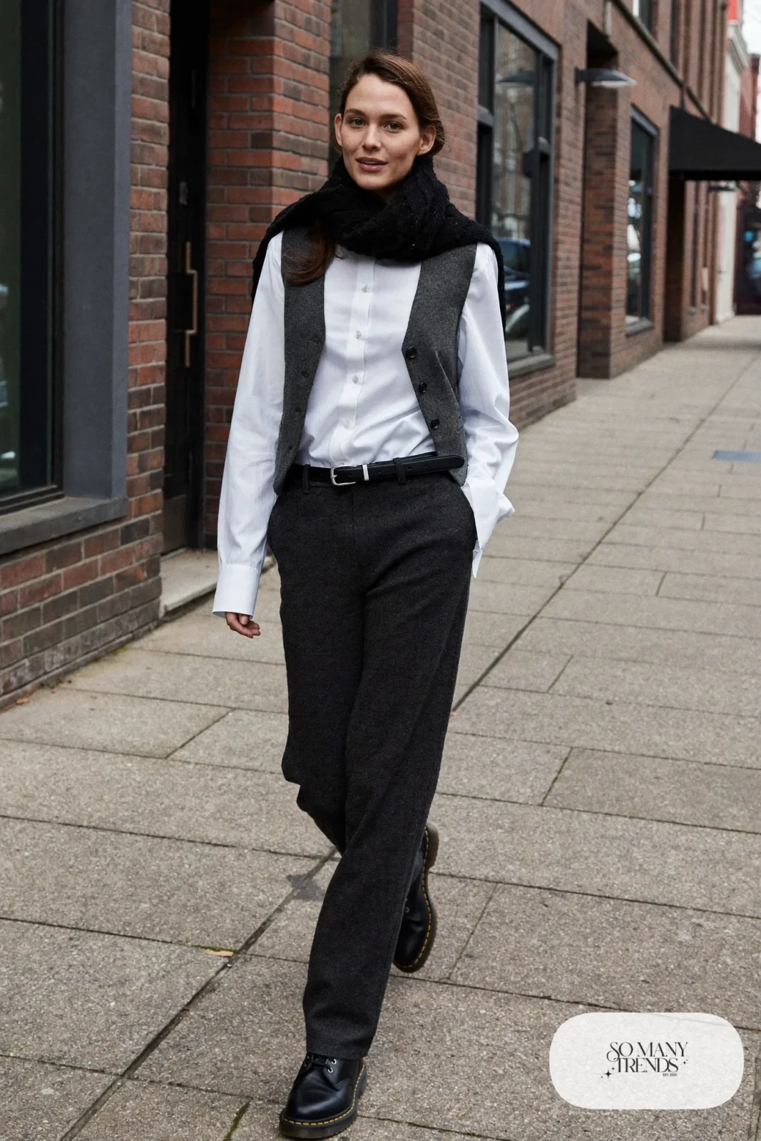 Woman in charcoal wool vest, white poplin shirt, charcoal tailored pants and black Doc Martens 1460 boots, outfit 2