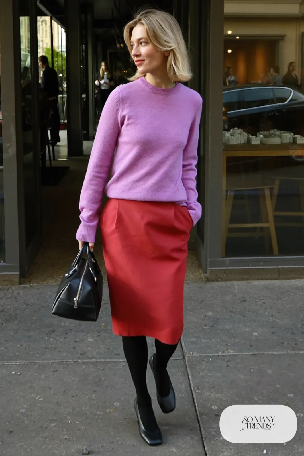 Woman in a lilac knit sweater, cherry red pencil skirt, sheer tights and black pumps, look 24