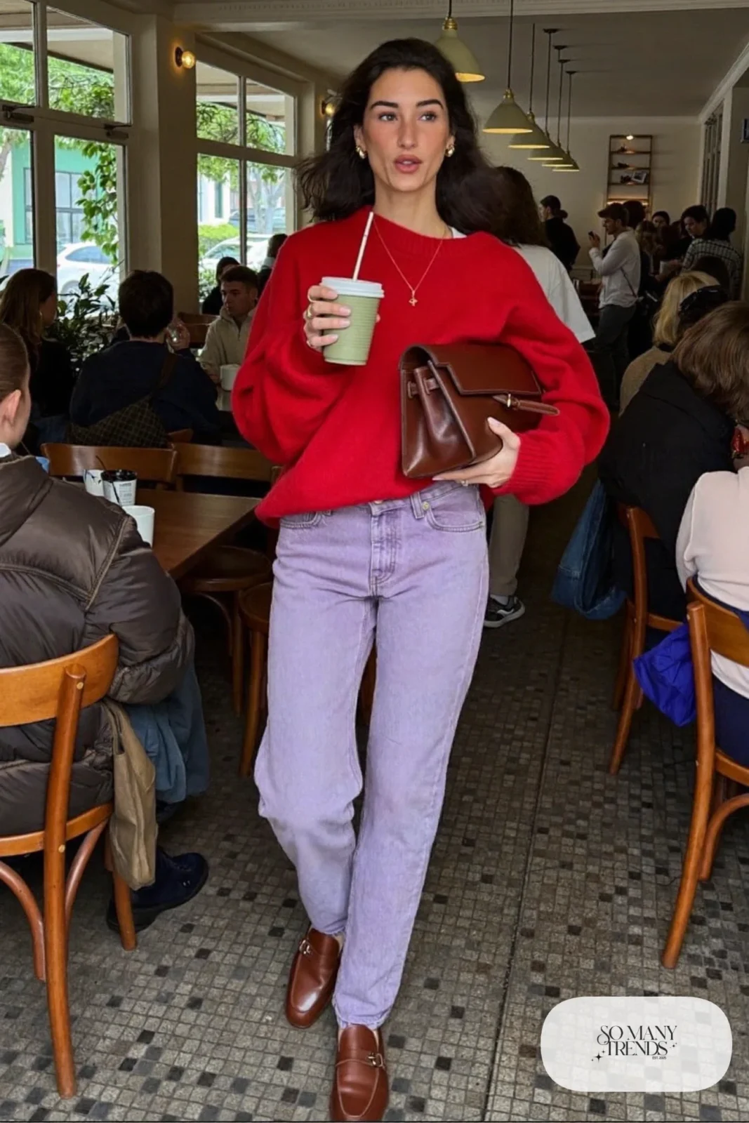 Woman in a red knit sweater, washed lilac straight jeans and chocolate brown loafers, look 28