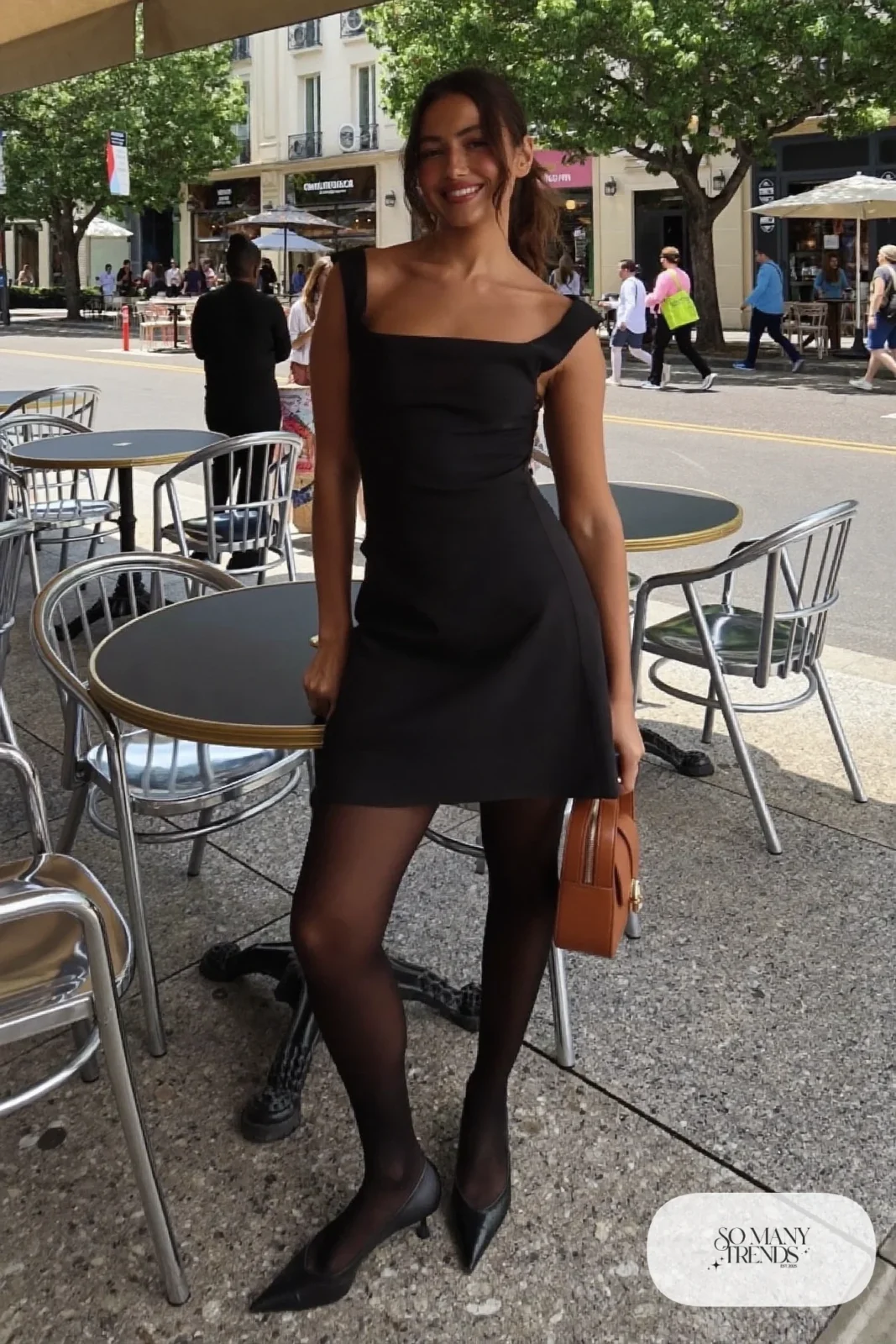 Black square-neck mini dress with sheer black tights and black pointed-toe pumps, outfit 2