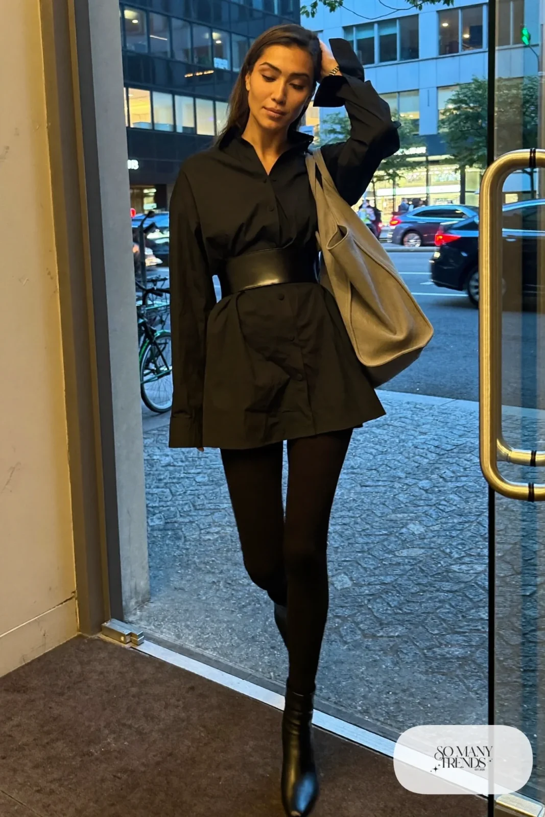 Black shirt mini dress with wide black leather belt, black opaque tights and black low-heel boots, outfit 4