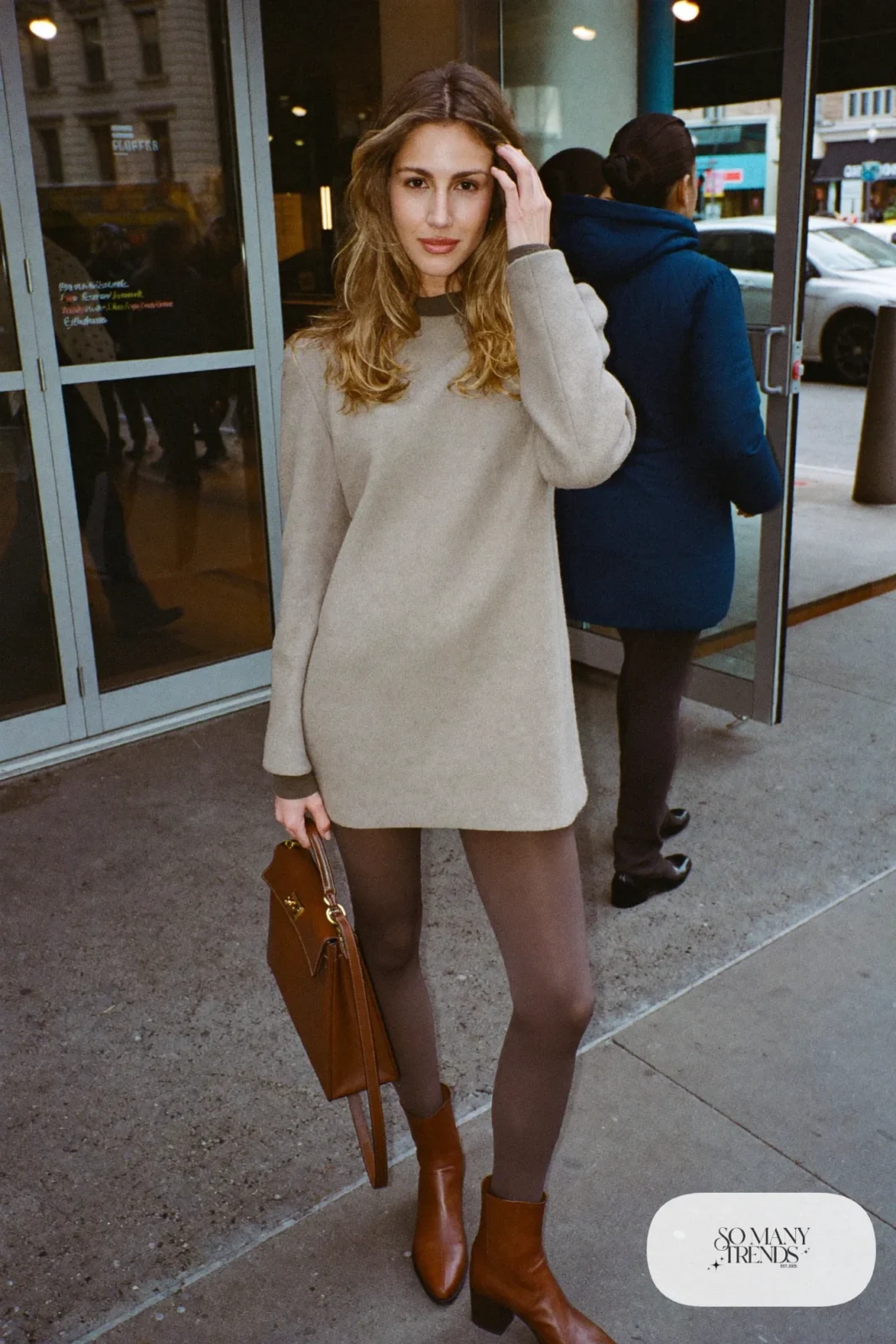 Taupe wool-blend mini dress with taupe opaque tights and brown leather ankle boots, outfit 7