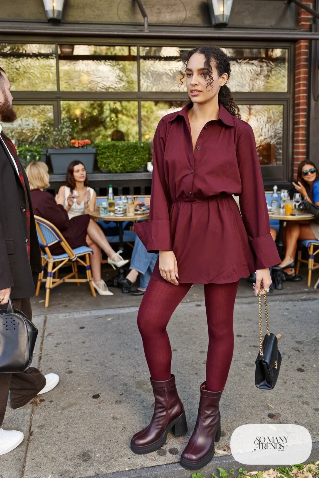 Burgundy mini dress with burgundy opaque tights and burgundy ankle boots, outfit 12