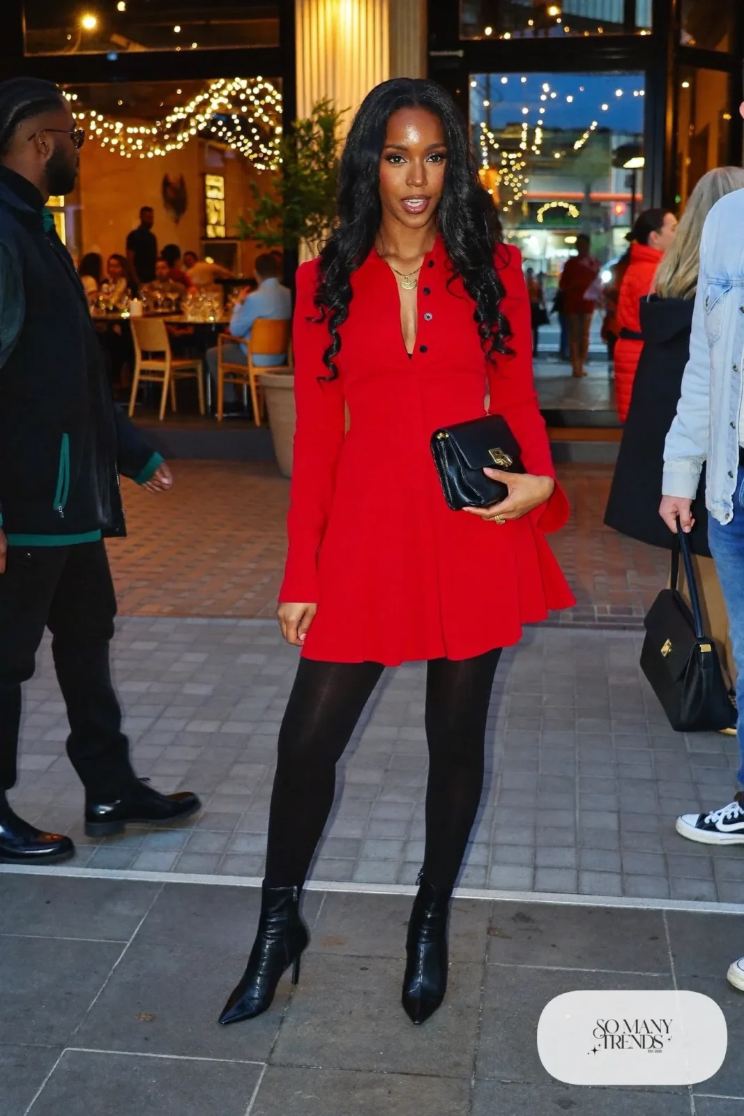 Red long-sleeve mini dress with black opaque tights and black heeled ankle boots, outfit 15