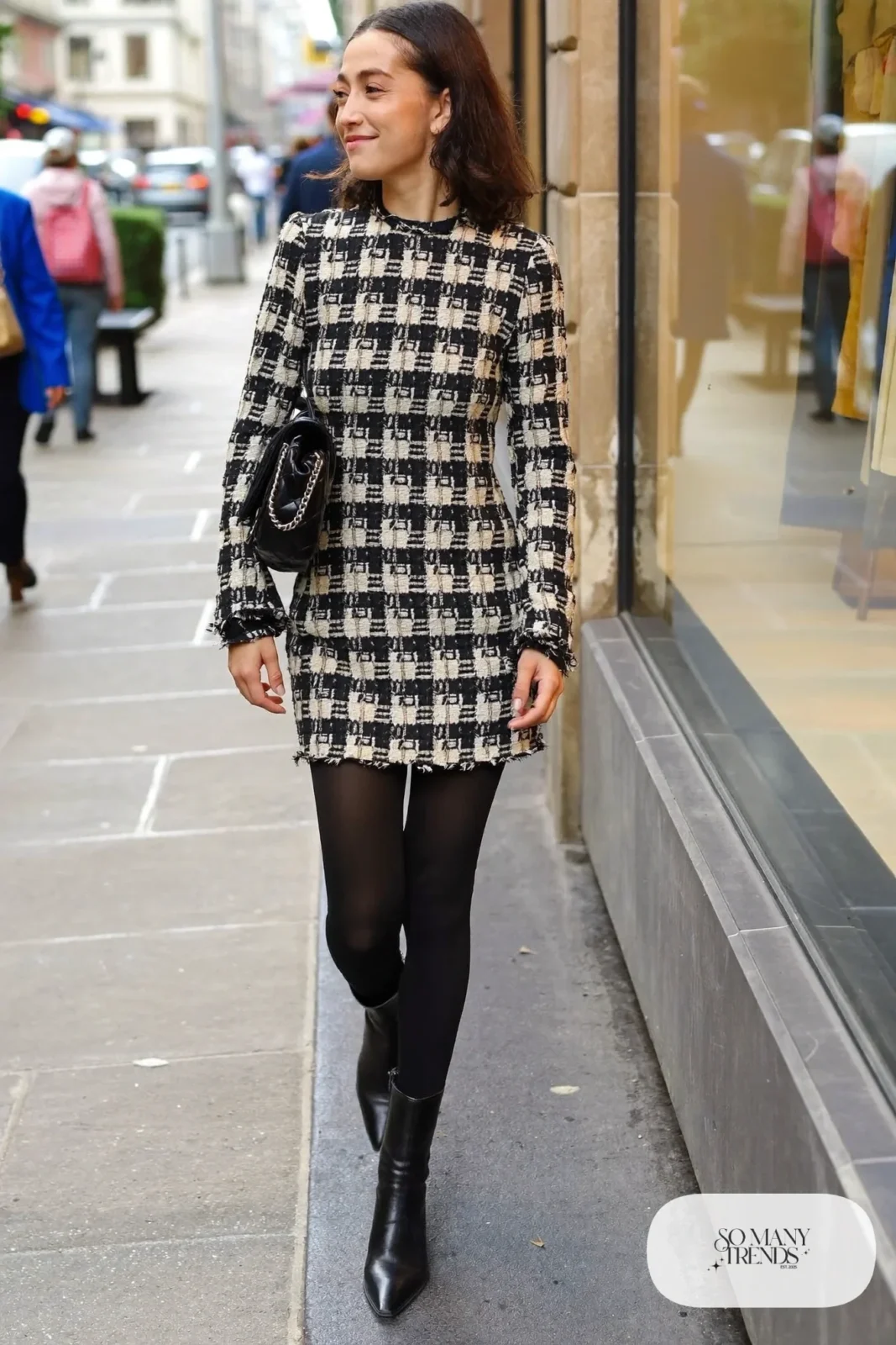 Black and cream tweed long-sleeve mini dress with black opaque tights and black low-heel ankle boots, outfit 17