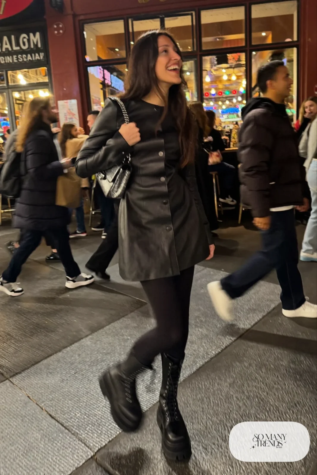 Black faux leather long-sleeve mini dress with black opaque tights and black platform ankle boots, outfit 18