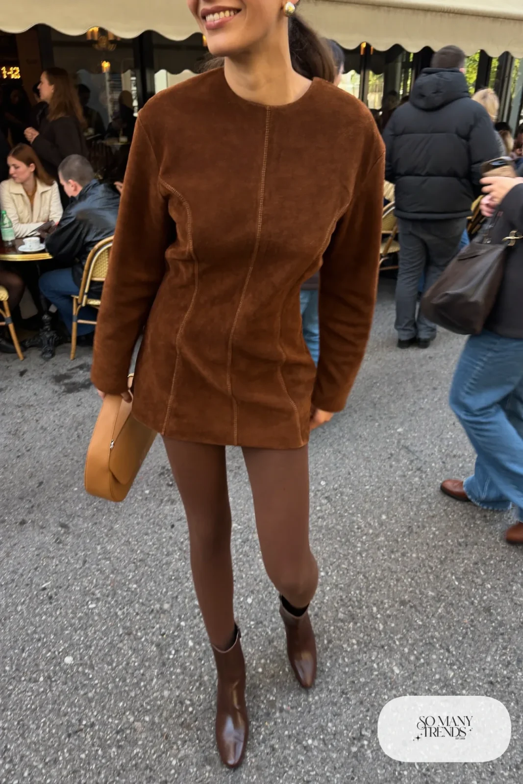 Brown suede-look long-sleeve mini dress with brown opaque tights and brown ankle boots, outfit 19