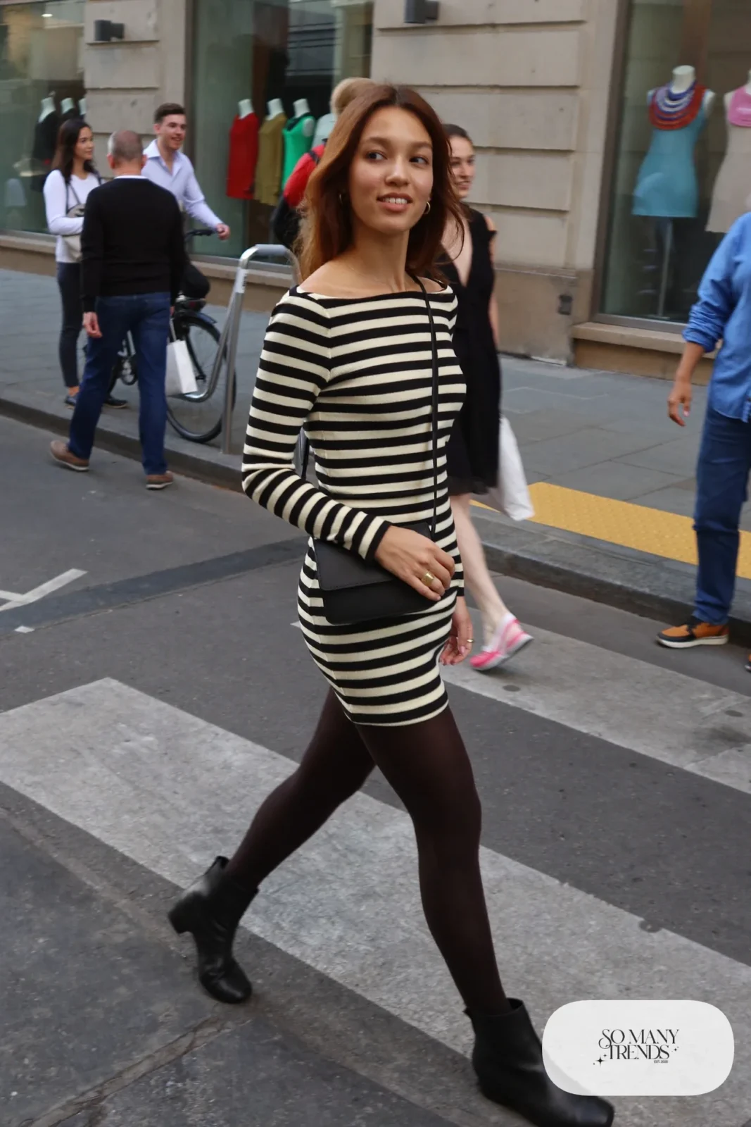 Black and cream striped knit long-sleeve mini dress with black opaque tights and black ankle boots, outfit 25