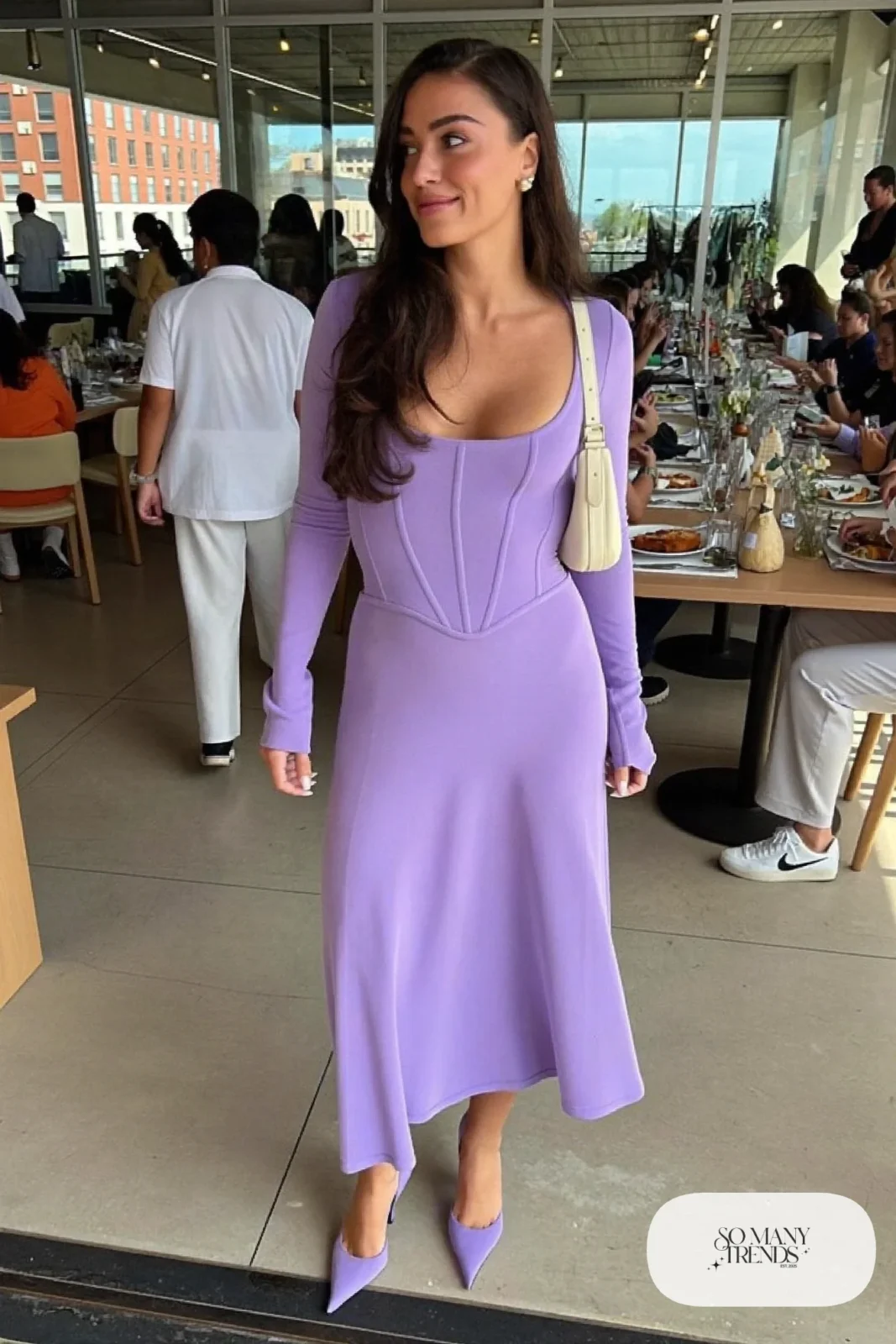 Woman in a lilac satin-back crepe corset midi dress with kitten heels, outfit 14